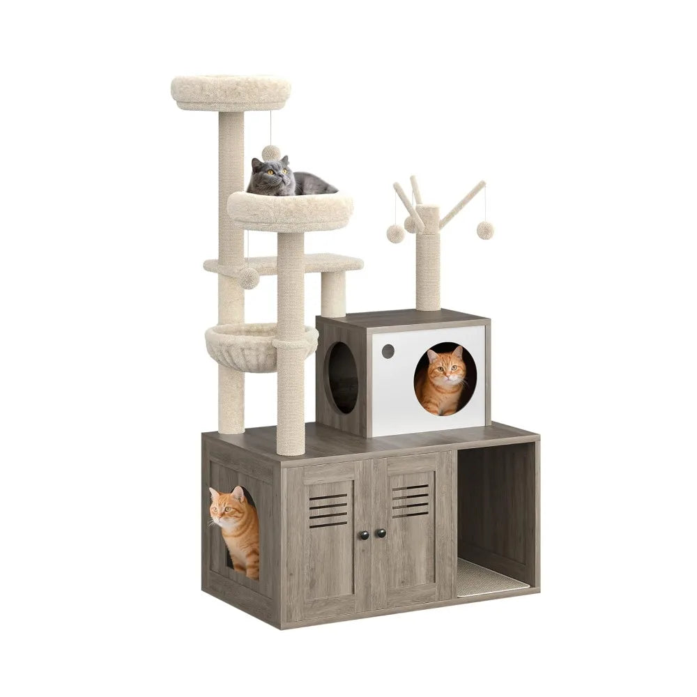 Grey 2-in-1 cat tower with hidden litter box enclosure on a white background, showing platforms, hammock, condo and scratching posts