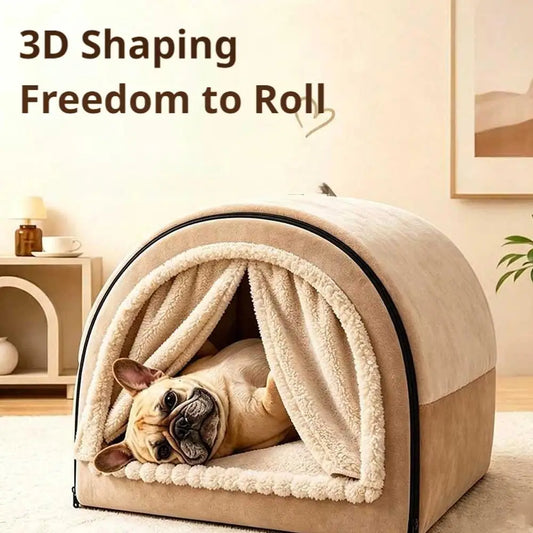 Beige plush cat cave bed with arched dome opening and a small dog stretched out inside