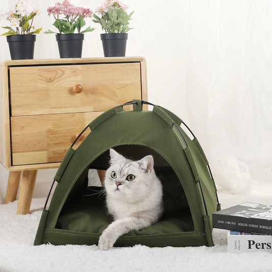 White cat lying in the doorway of an army green cat tent bed in a living room