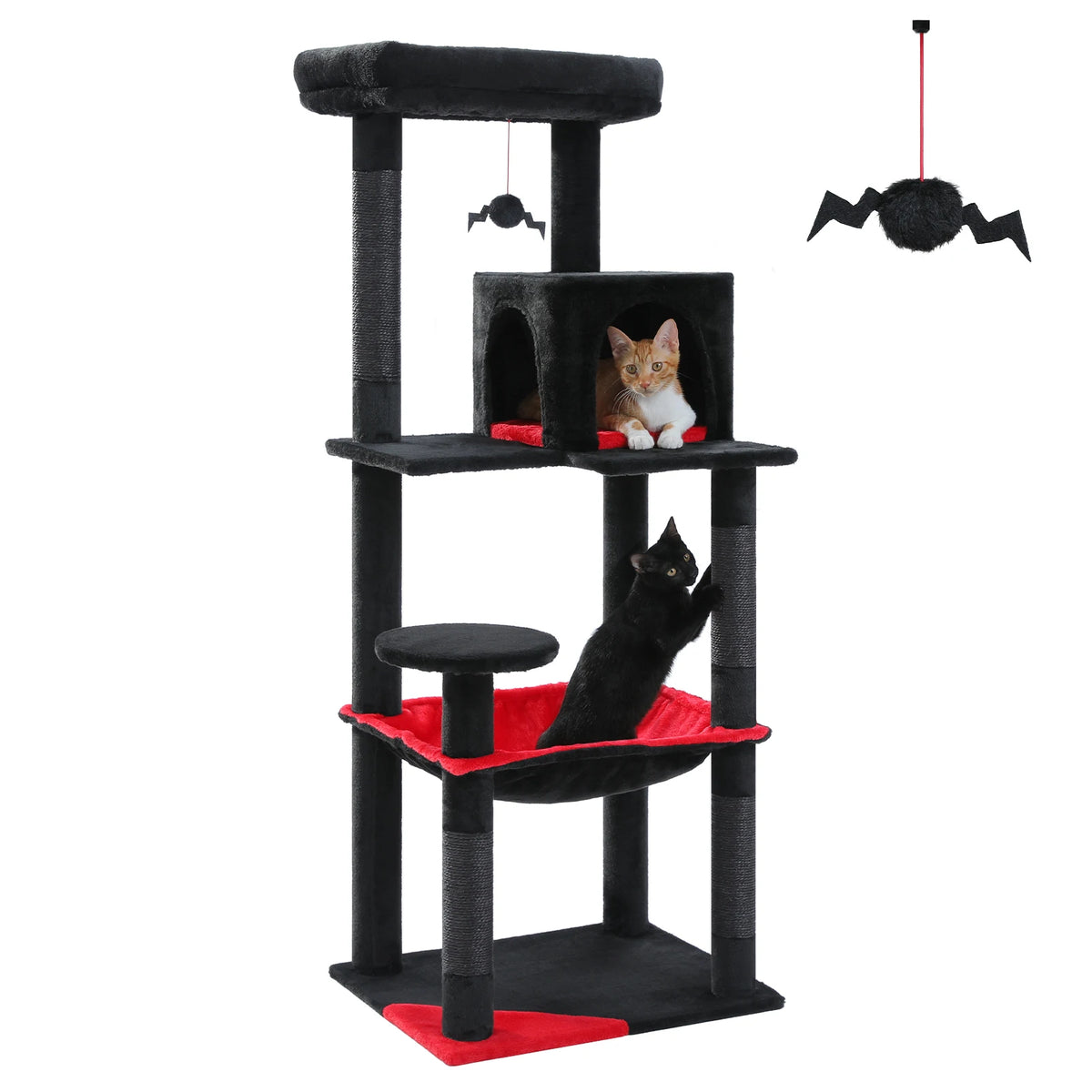 Black cat tree with red platform accents and a hanging spider toy, two cats climbing it
