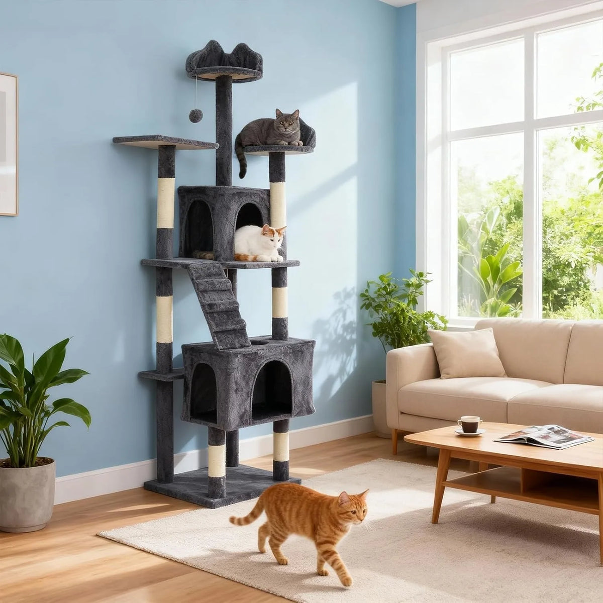 Grey 72-inch cat tree beside a sofa with cats resting on the perch and inside the condo
