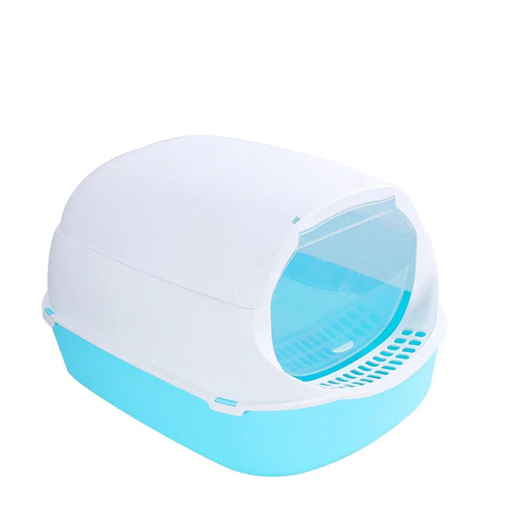 Aqua blue covered cat litter box with transparent flap and removable top lid
