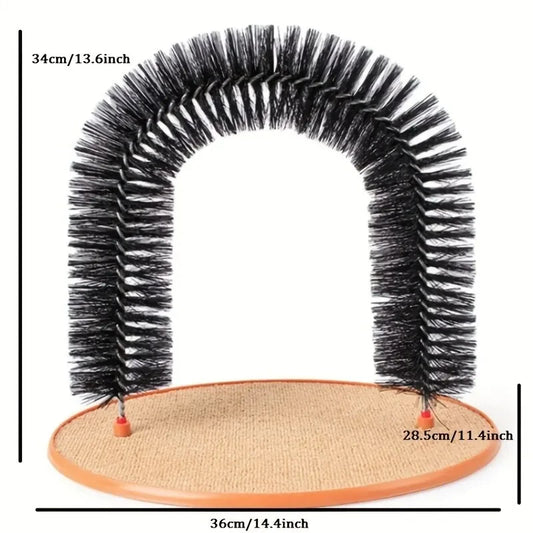 Cat self groomer arch size guide showing 34 cm height and a 36 x 28.5 cm oval scratching pad base