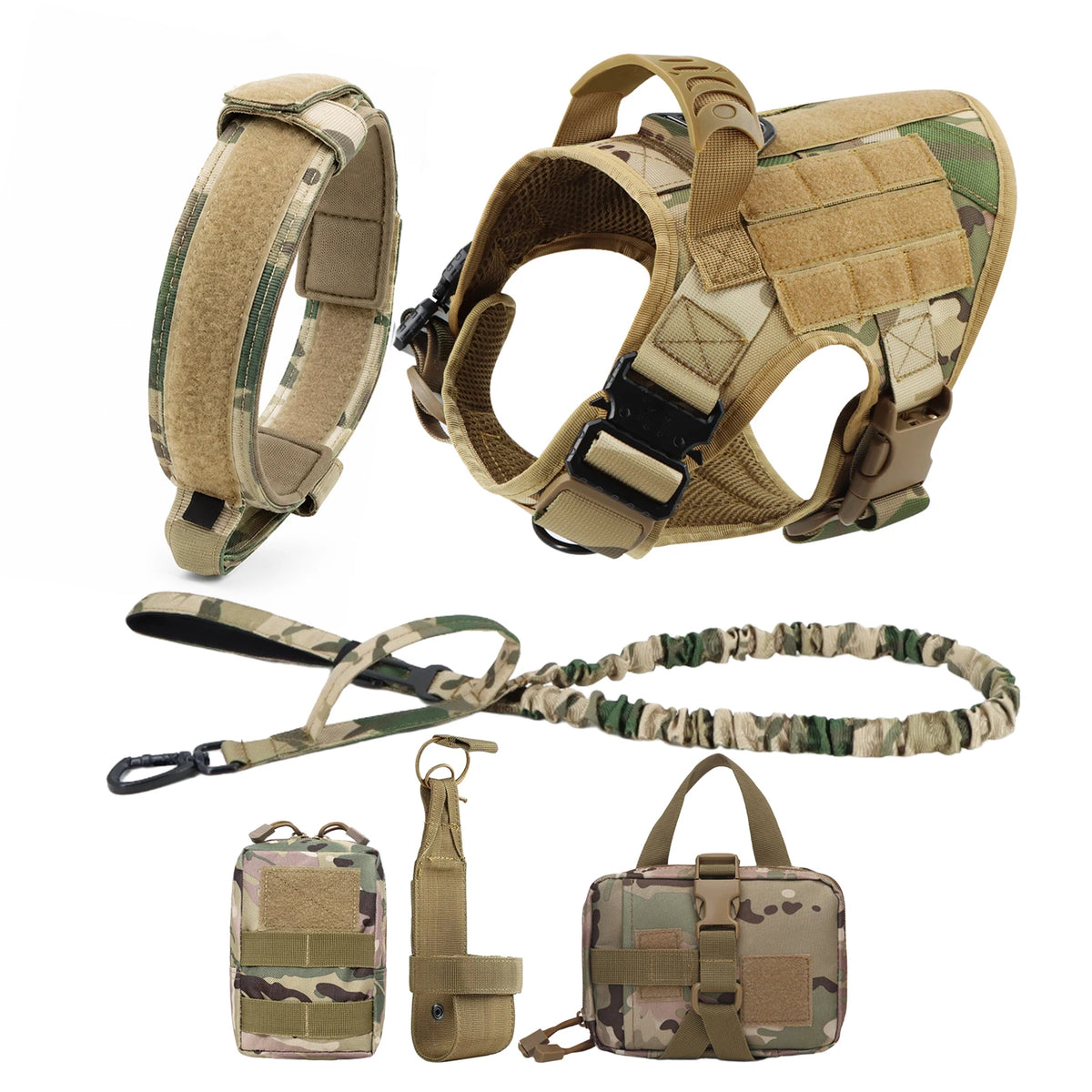Camouflage tactical dog harness six-piece set with padded collar, bungee leash and three MOLLE pouches