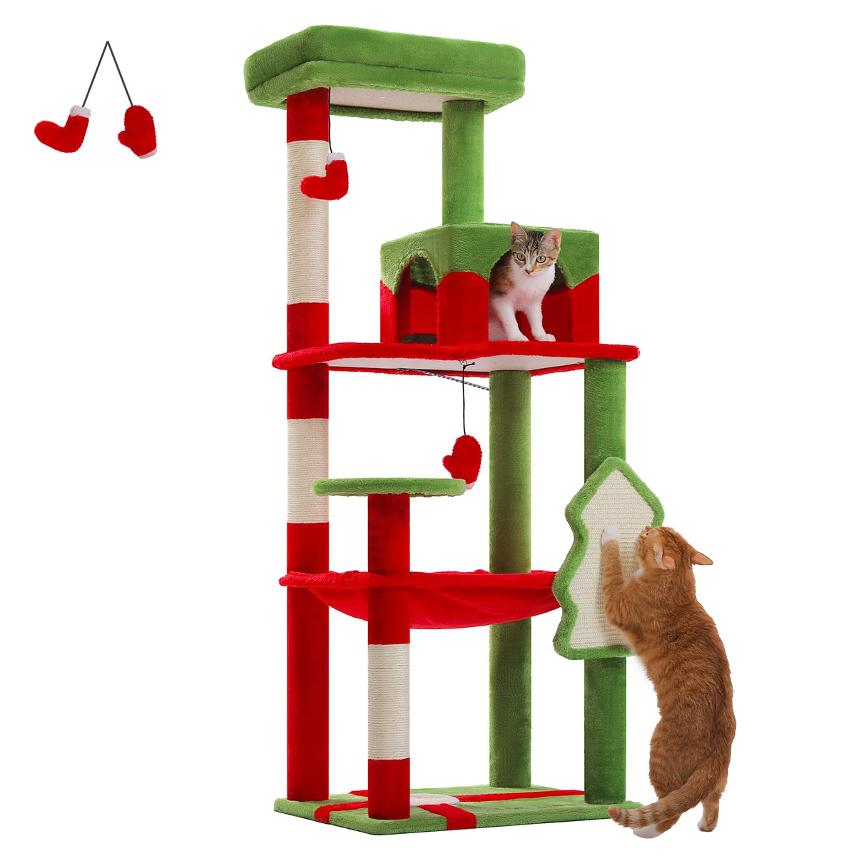 Green and red Christmas-themed cat tree with a house-shaped scratching board and hanging toys