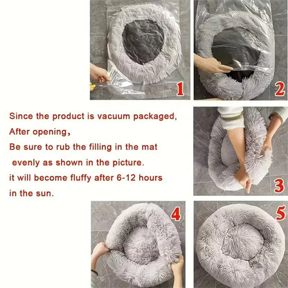 Five-step guide to unpacking and fluffing the vacuum-packed donut pet bed
