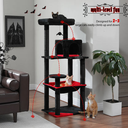 Black and red cat tree with climbing path marked, designed for 2 to 3 large cats