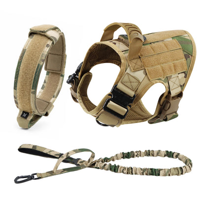 Camouflage tactical dog harness three-piece set with padded collar, vest harness and bungee leash