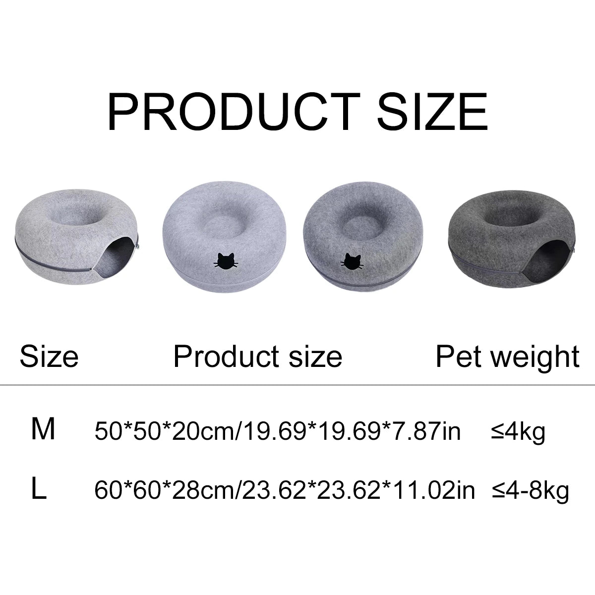 Cat donut bed size chart: M 50 x 50 x 20 cm for cats up to 4 kg, L 60 x 60 x 28 cm for cats 4 to 8 kg