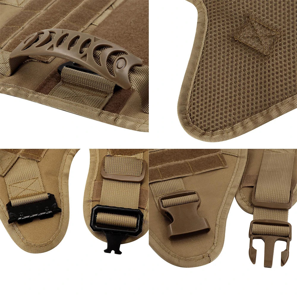 Close-up details of the tactical dog harness: reinforced top handle, breathable mesh lining, metal shoulder buckles and quick-release belly buckles