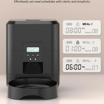 Smart control panel infographic showing three scheduled meal times and portion sizes on the LCD display