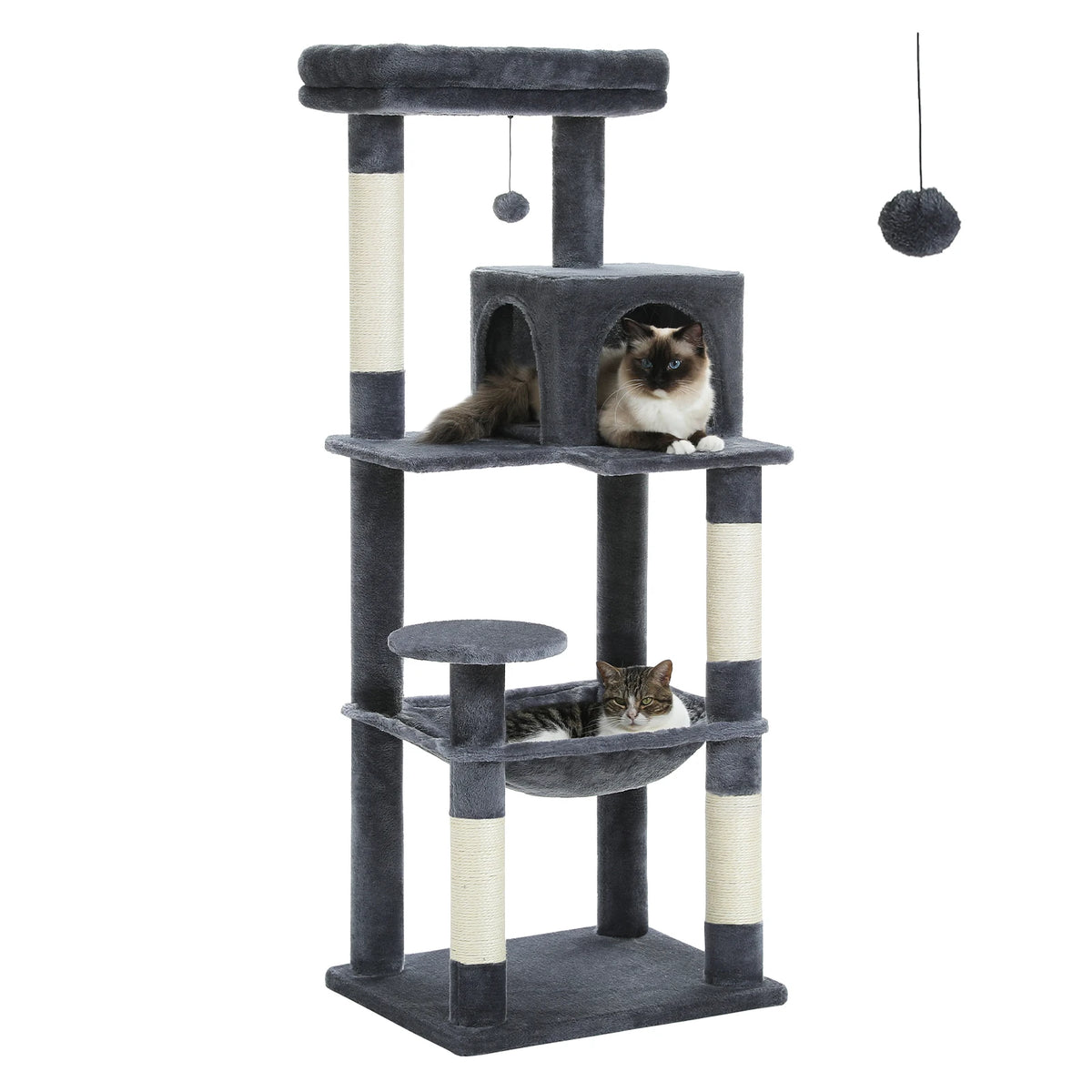 Dark grey cat tree with two cats resting on the condo platform and the hammock