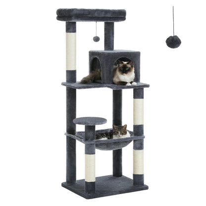 Dark grey cat tree with two cats resting on the condo platform and the hammock