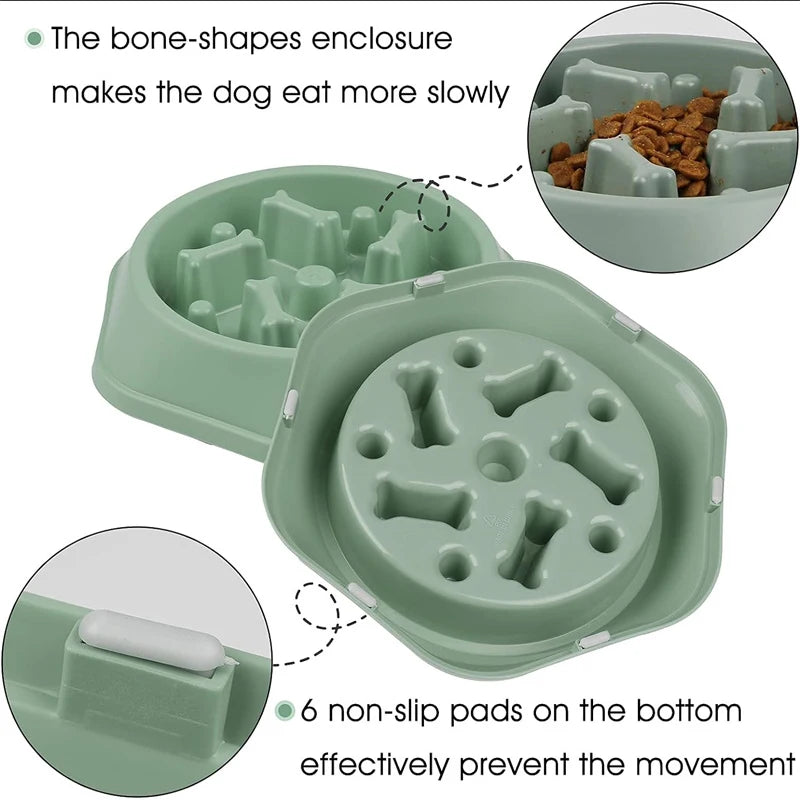 Green slow feeder dog bowl showing bone-shaped maze enclosure and six non-slip pads on the bottom