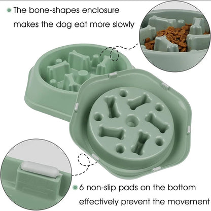 Green slow feeder dog bowl showing bone-shaped maze enclosure and six non-slip pads on the bottom
