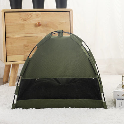 Back of the army green cat tent showing the black mesh ventilation window