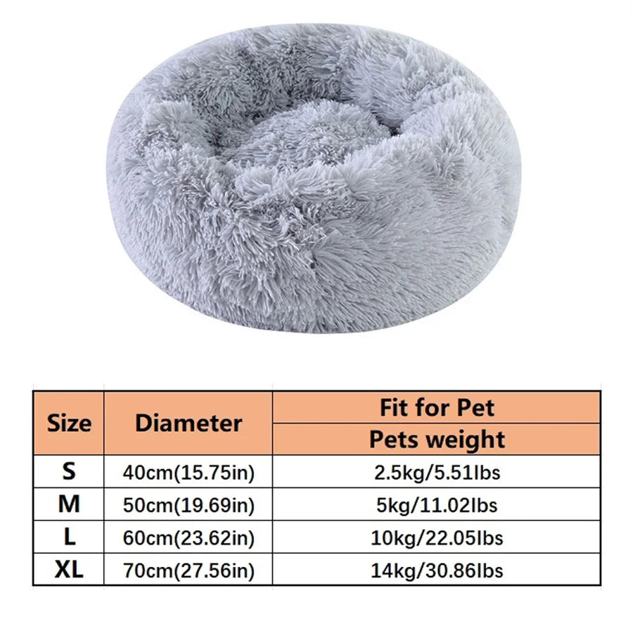 Gray donut pet bed with a size table listing S to XL diameters and pet weight limits