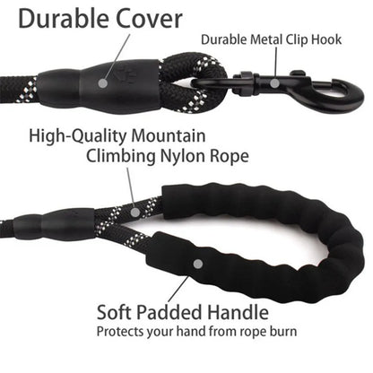 Close-up of heavy duty dog leash showing durable cover, metal clip hook, mountain climbing nylon rope and soft padded handle