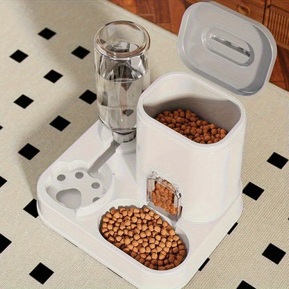 Pet feeding station with water bottle and dry food bowl for cats and dogs