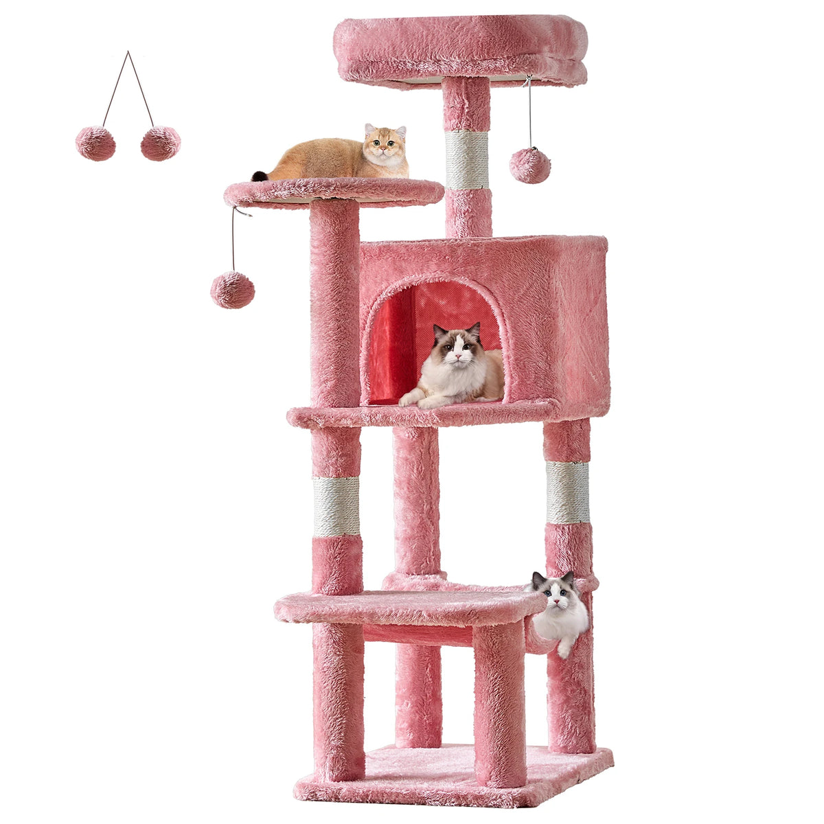 Pink cat tree on a white background with three cats resting on the top perch, in the condo and on the hammock