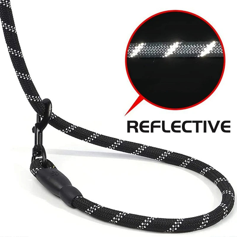 Reflective threads woven into black rope dog leash lighting up in the dark for night-time dog walks