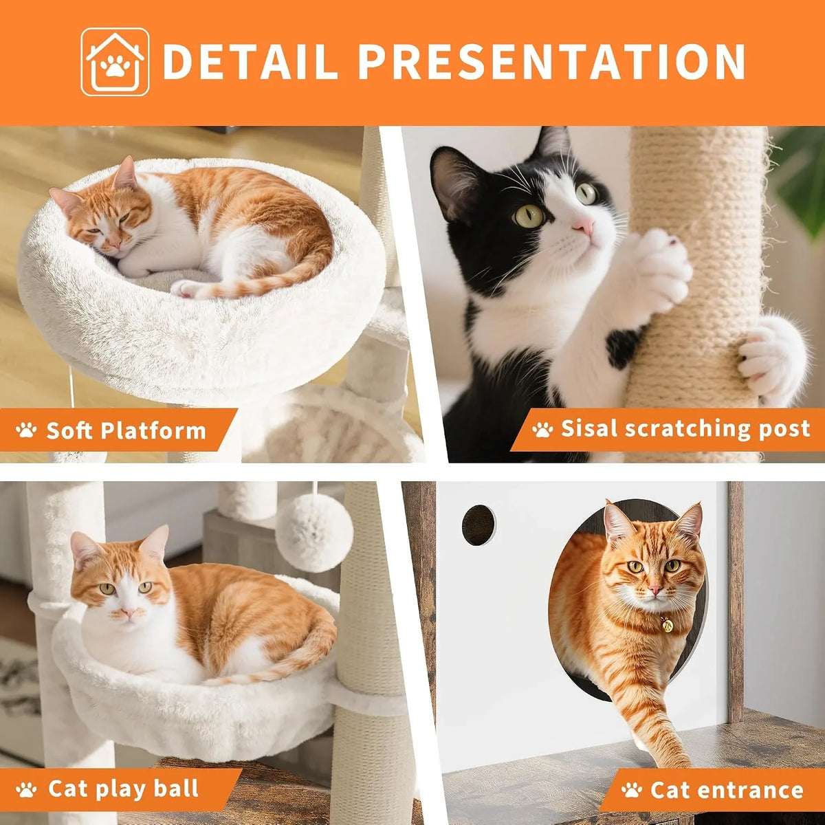 Close-up details of the cat tower: plush round platform, sisal scratching post, hanging play ball and round condo entrance
