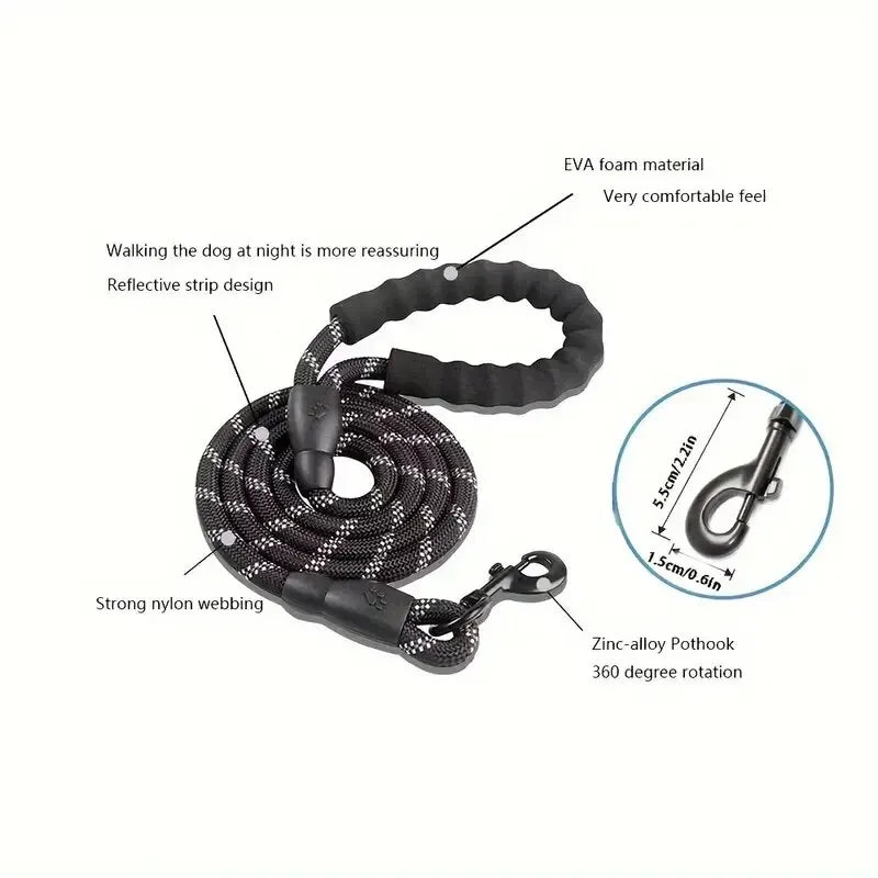 Black reflective rope dog leash diagram showing EVA foam handle, reflective strip and 360-degree zinc alloy clasp