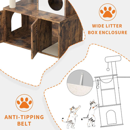 Wide litter box enclosure shown with both cabinet doors open, alongside a diagram of the included anti-tipping wall belt