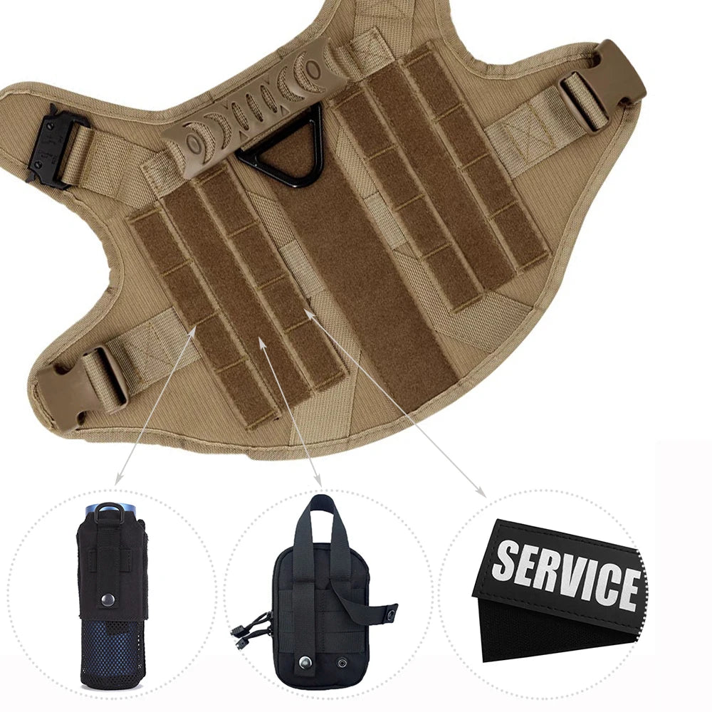 MOLLE webbing and hook-and-loop panels on the dog harness with attachable bottle holder, pouch and service patch