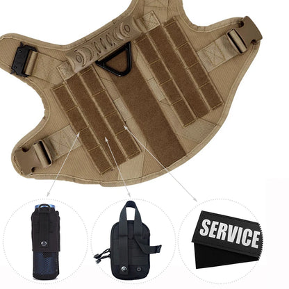 MOLLE webbing and hook-and-loop panels on the dog harness with attachable bottle holder, pouch and service patch