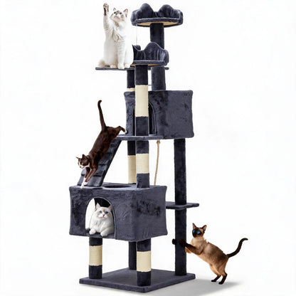 Grey 72-inch cat tree tower on a white background with four cats climbing and resting
