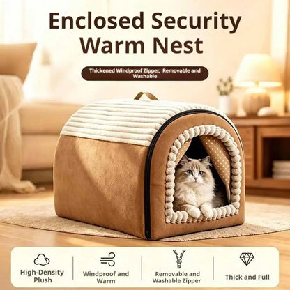 Brown corduroy enclosed cat cave bed with cream plush trim and windproof zipper, cat resting inside