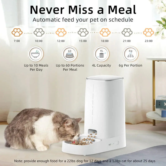 Cat eating from the ROJECO automatic feeder beside a schedule graphic showing up to 10 meals per day and 60 portions per meal