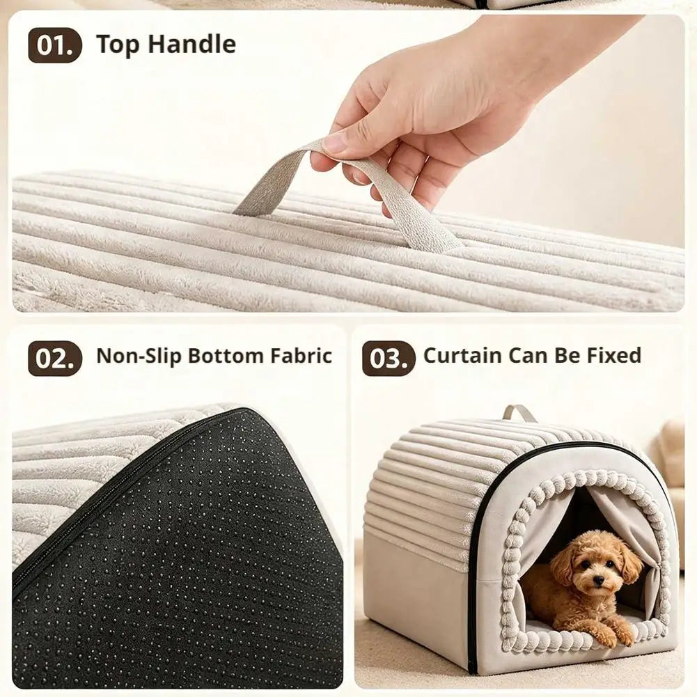 Close-ups of the cat cave bed top carry handle, non-slip bottom fabric and fixable door curtain