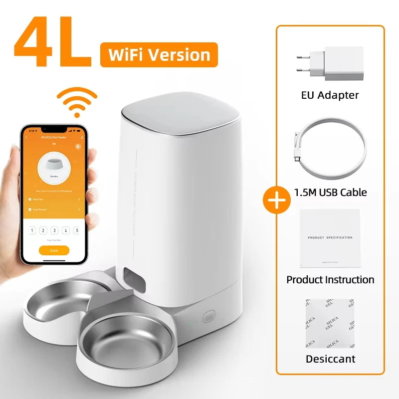 ROJECO 4L WiFi cat feeder with stainless steel double bowls, adapter, 1.5 m USB cable, instruction sheet and desiccant