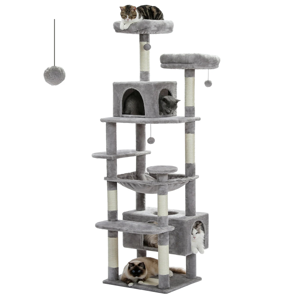 Light gray multi-level cat tree tower with two condos, a hammock, padded perches and sisal posts on a white background