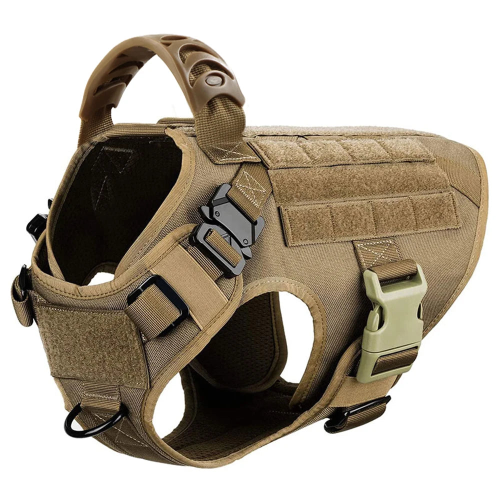 Brown tactical dog harness shown alone with padded top handle, MOLLE panel and two quick-release buckles