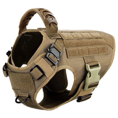 Brown tactical dog harness shown alone with padded top handle, MOLLE panel and two quick-release buckles