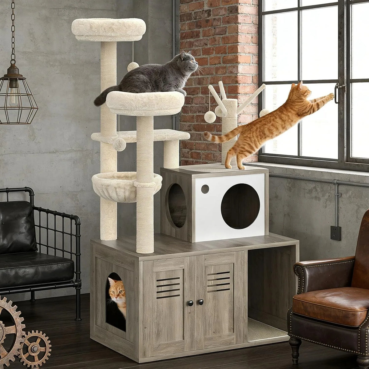 Grey 2-in-1 cat tower with louvred litter cabinet doors in a loft room, with cats on the perches and one inside the enclosure