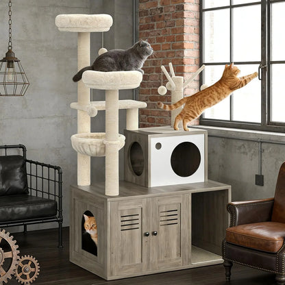 Grey 2-in-1 cat tower with louvred litter cabinet doors in a loft room, with cats on the perches and one inside the enclosure