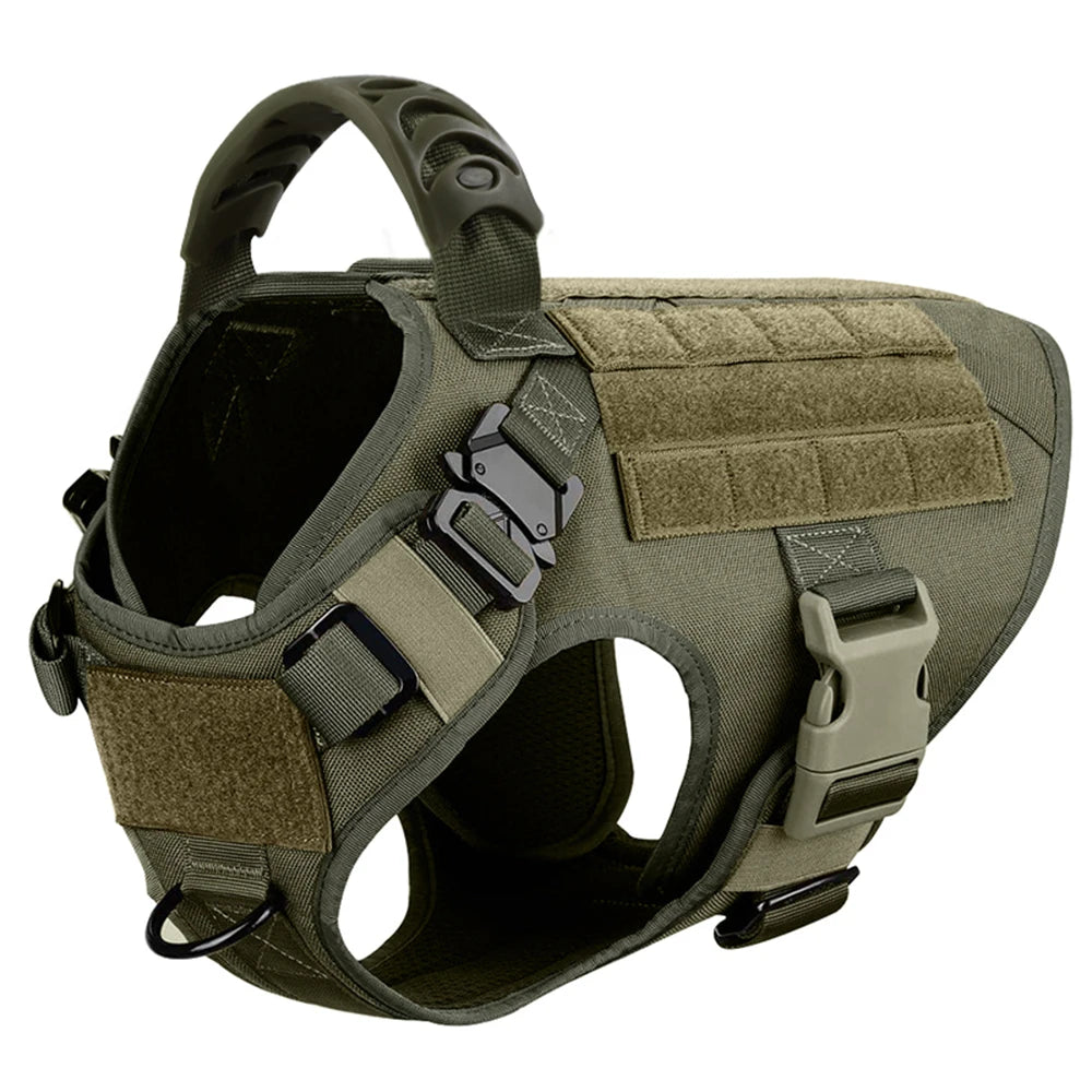 Green tactical dog harness shown alone with padded top handle, MOLLE panel and two quick-release buckles