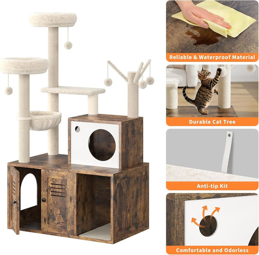 Cat tower feature collage showing the wipe-clean waterproof surface, sisal scratching posts, included anti-tip wall strap and ventilated litter cabinet