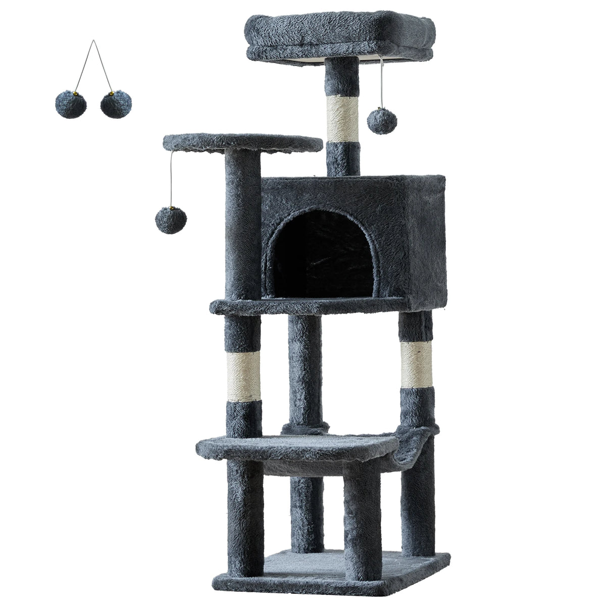 Dark grey cat tree on a white background with sisal-wrapped posts, condo, perches and hanging balls