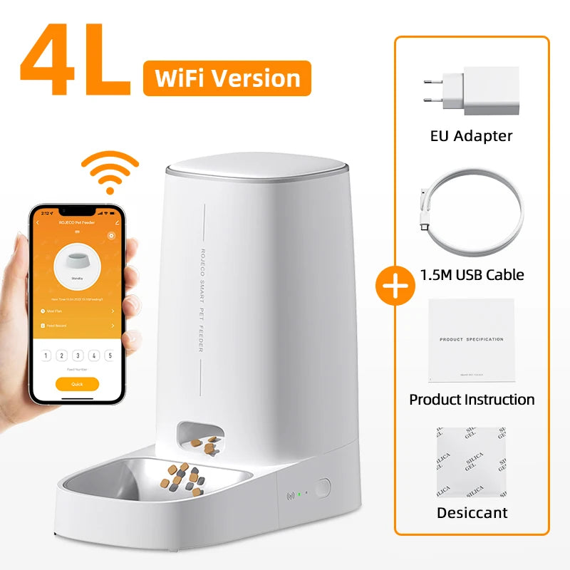 ROJECO 4L WiFi single bowl cat feeder with adapter, 1.5 m USB cable, instruction sheet and desiccant