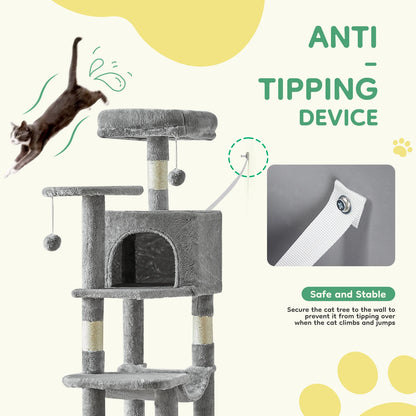 Anti-tipping device detail showing the cat tree secured to the wall with an included safety strap and anchor