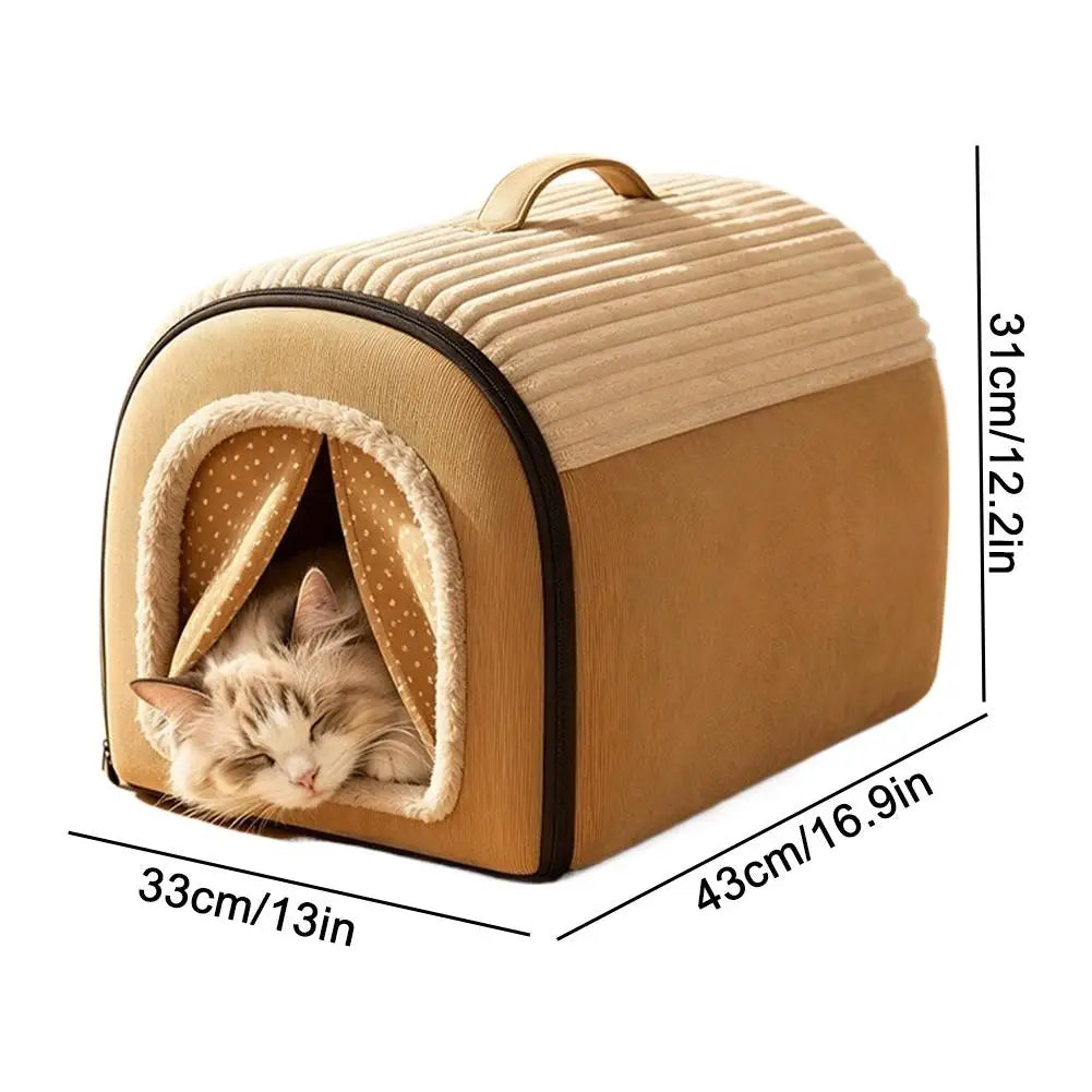 Dimension diagram of the cat cave bed: 43 x 33 x 31 cm (16.9 x 13 x 12.2 in) with cat inside