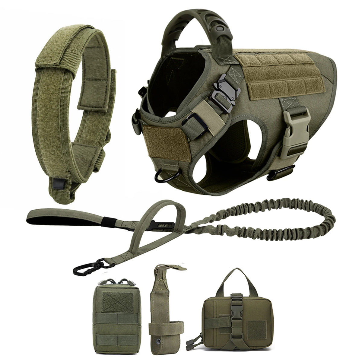 Green tactical dog harness six-piece set with padded collar, bungee leash and three MOLLE pouches