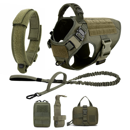 Green tactical dog harness six-piece set with padded collar, bungee leash and three MOLLE pouches