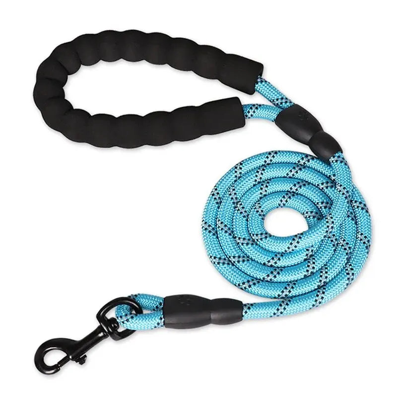 Blue reflective rope dog leash coiled with black padded handle and heavy duty metal clasp