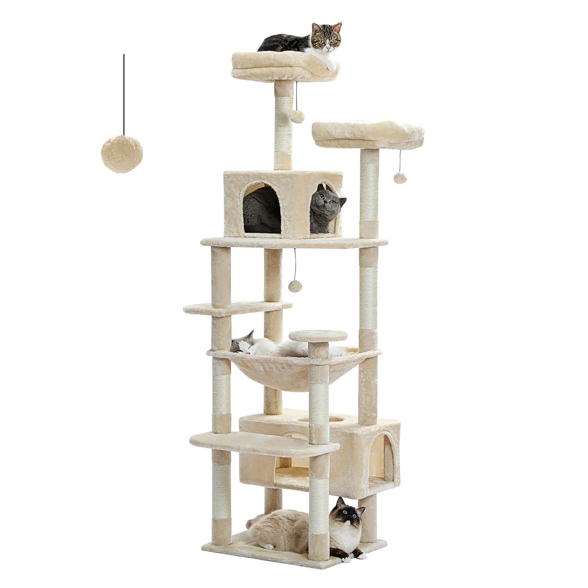 Beige multi-level cat tree tower with two condos, a hammock, padded perches and sisal scratching posts on a white background